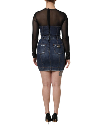 Dolce & Gabbana Black Blue Long Sleeves Denim Mini Dress