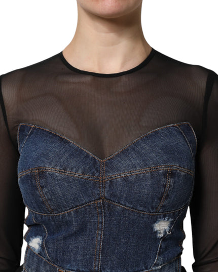 Dolce & Gabbana Black Blue Long Sleeves Denim Mini Dress