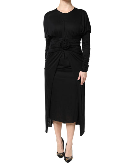 Dolce & Gabbana Black Wool Long Sleeves Sheath Midi Dress