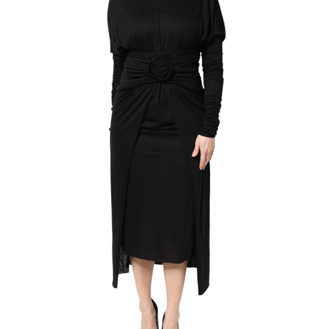 Dolce & Gabbana Black Wool Long Sleeves Sheath Midi Dress
