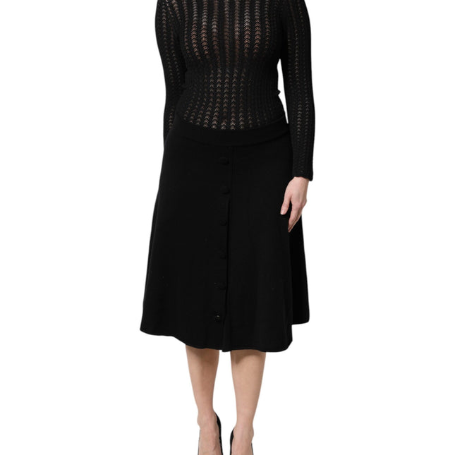 Dolce & Gabbana Black Cashmere Long Sleeves A-line Midi Dress