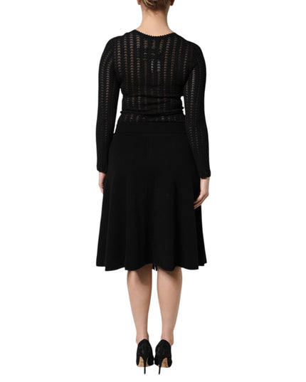 Dolce & Gabbana Black Cashmere Long Sleeves A-line Midi Dress