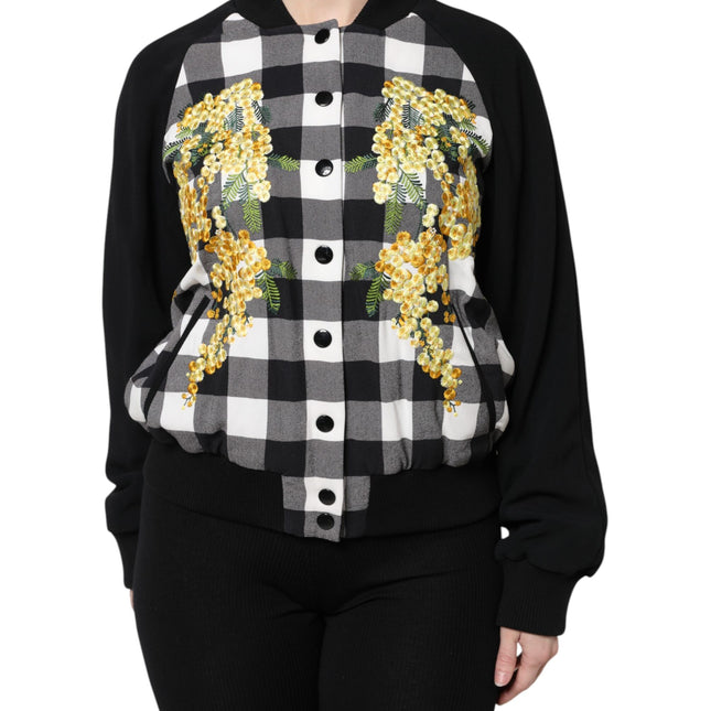 Dolce & Gabbana Black White Check Floral Button Down Jacket