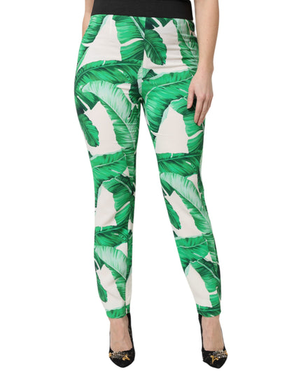 Dolce & Gabbana White Green Leaf High Waist Pants