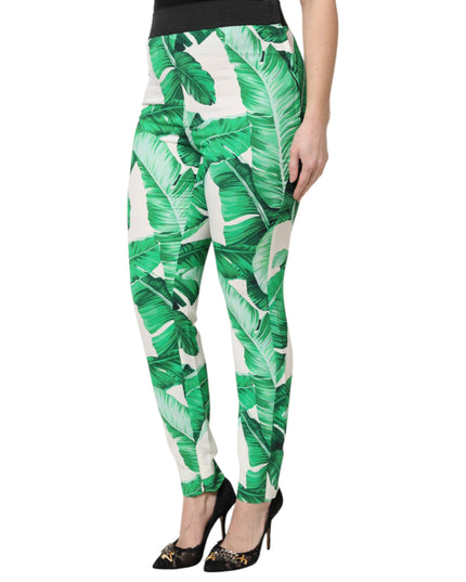 Dolce & Gabbana White Green Leaf High Waist Pants