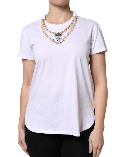Dolce & Gabbana White Chain Pearl Cotton Round Neck T-shirt