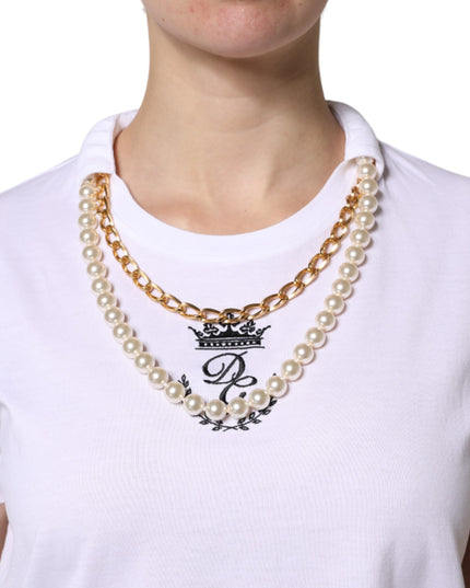 Dolce & Gabbana White Chain Pearl Cotton Round Neck T-shirt