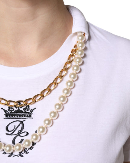 Dolce & Gabbana White Chain Pearl Cotton Round Neck T-shirt