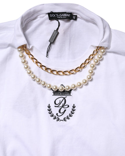 Dolce & Gabbana White Chain Pearl Cotton Round Neck T-shirt