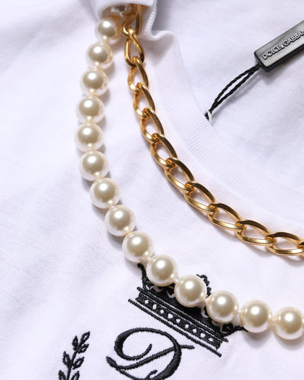 Dolce & Gabbana White Chain Pearl Cotton Round Neck T-shirt