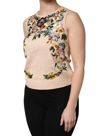 Dolce & Gabbana Beige Floral Embroidery Sleeveless Tank Top
