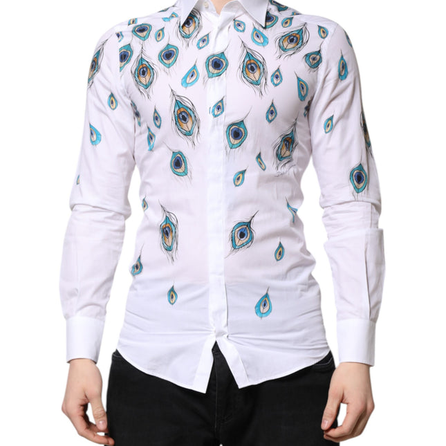 Dolce & Gabbana White Cotton Feather Print GOLD Dress Shirt