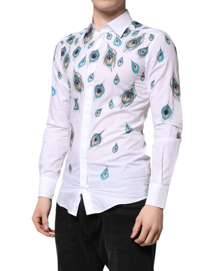 Dolce & Gabbana White Cotton Feather Print GOLD Dress Shirt