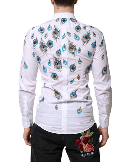 Dolce & Gabbana White Cotton Feather Print GOLD Dress Shirt