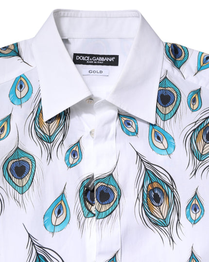 Dolce & Gabbana White Cotton Feather Print GOLD Dress Shirt