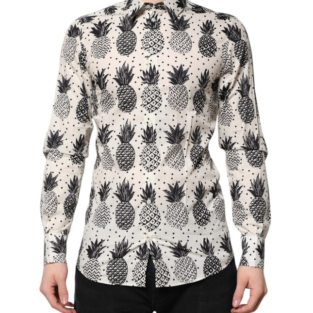 Dolce & Gabbana White Pineapple Print Long Sleeve GOLD Shirt