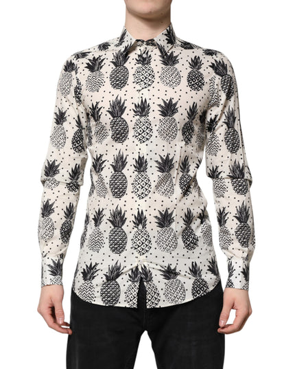 Dolce & Gabbana White Pineapple Print Long Sleeve GOLD Shirt