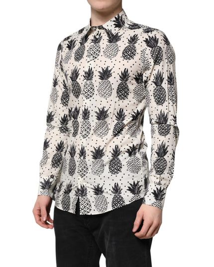 Dolce & Gabbana White Pineapple Print Long Sleeve GOLD Shirt