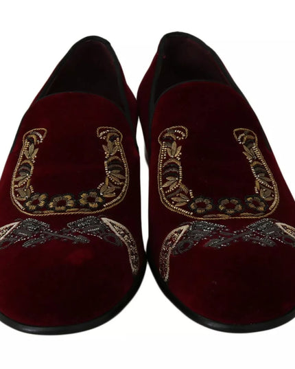 Dolce & Gabbana Bordeaux Velvet Loafers Gun Horseshoe Shoes