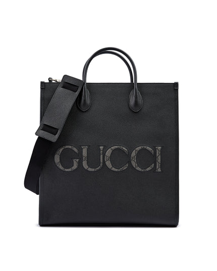 Gucci Black Leather Logo Medium Tote Bag