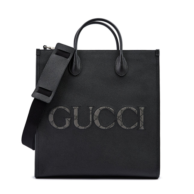 Gucci Black Leather Logo Medium Tote Bag