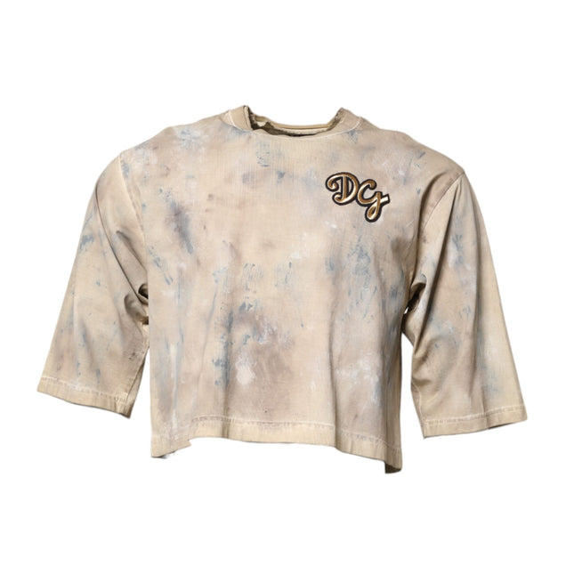 Dolce & Gabbana Beige Tie Dye DG Embroidery Cropped T-shirt