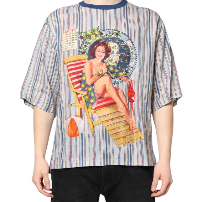 Dolce & Gabbana Multicolor Striped Pin Up Linen Round Neck T-shirt