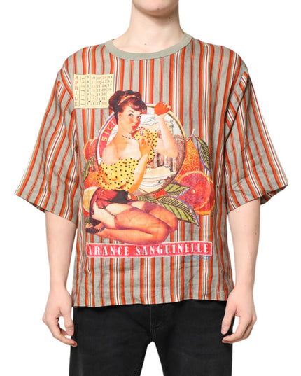 Dolce & Gabbana Multicolor Striped Graphic Linen Round Neck T-shirt