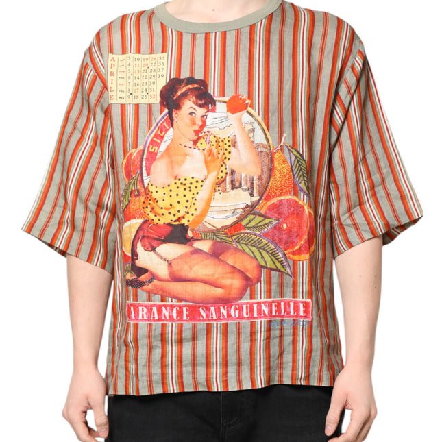 Dolce & Gabbana Multicolor Striped Graphic Linen Round Neck T-shirt