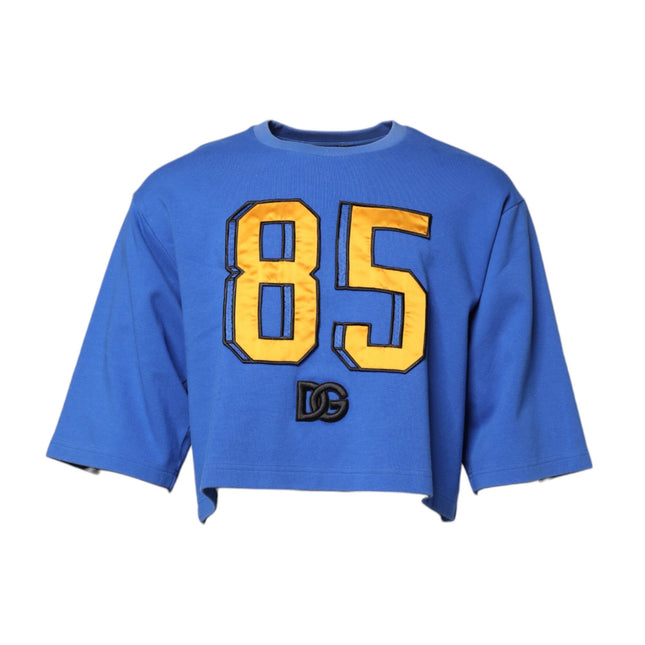 Dolce & Gabbana Blue Printed Cotton Cropped Crew Neck T-shirt