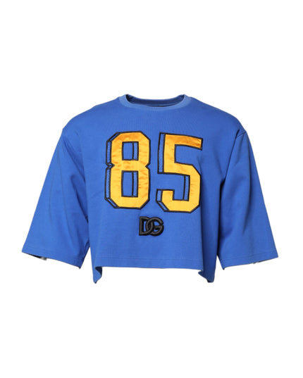 Dolce & Gabbana Blue Printed Cotton Cropped Crew Neck T-shirt