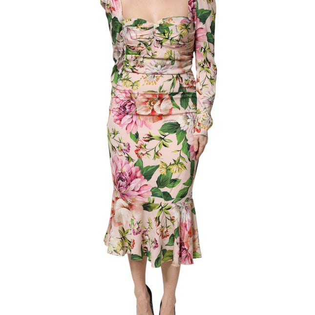 Dolce & Gabbana Pink Floral Silk Fit And Flared Midi Dress
