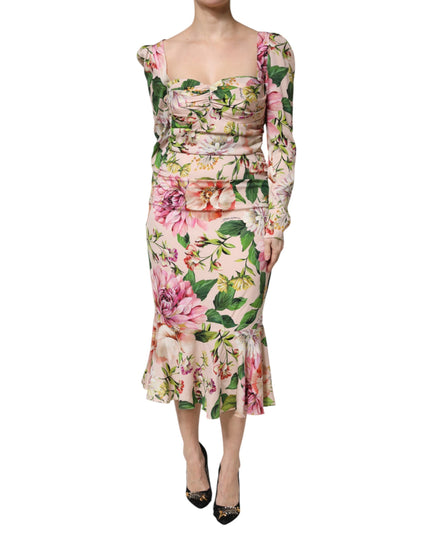 Dolce & Gabbana Pink Floral Silk Fit And Flared Midi Dress