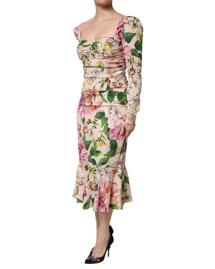 Dolce & Gabbana Pink Floral Silk Fit And Flared Midi Dress