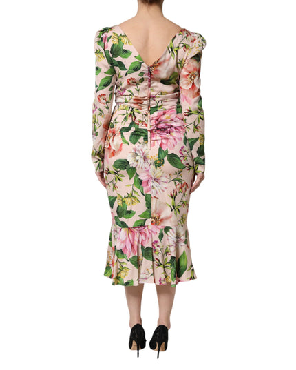Dolce & Gabbana Pink Floral Silk Fit And Flared Midi Dress