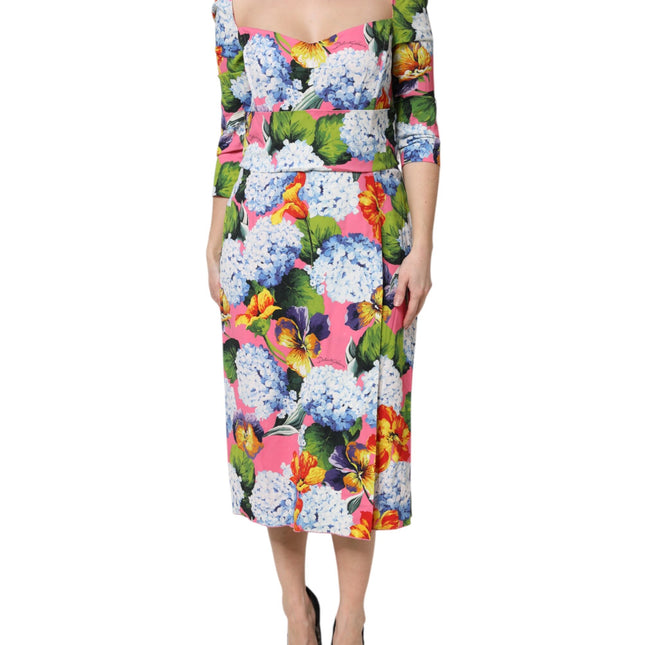 Dolce & Gabbana Multicolor Floral Pleated Sheath Midi  Dress