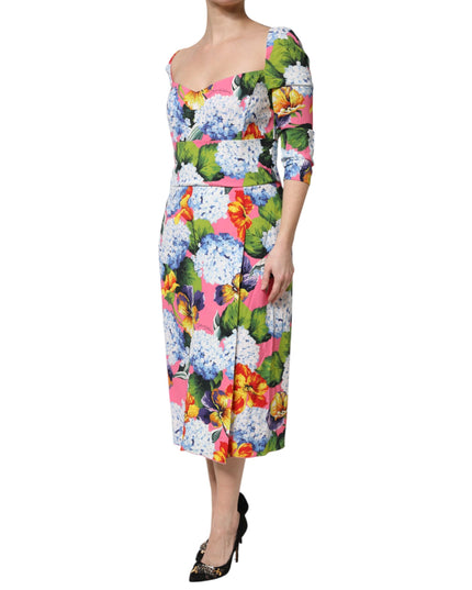 Dolce & Gabbana Multicolor Floral Pleated Sheath Midi  Dress