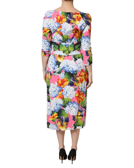 Dolce & Gabbana Multicolor Floral Pleated Sheath Midi  Dress