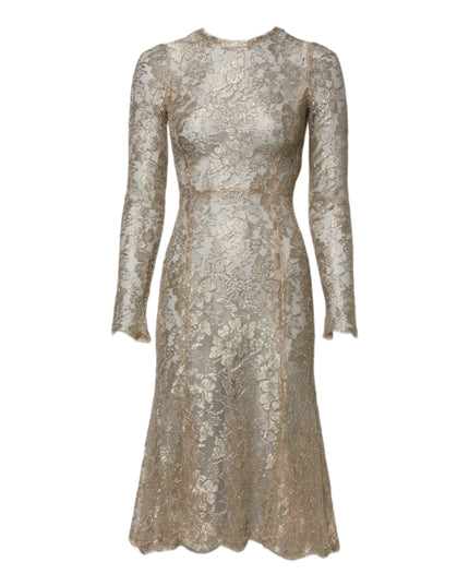 Dolce & Gabbana Gold Floral Lace Long Sleeves Fit & Flare Dress