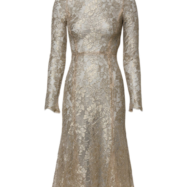 Dolce & Gabbana Gold Floral Lace Long Sleeves Fit & Flare Dress