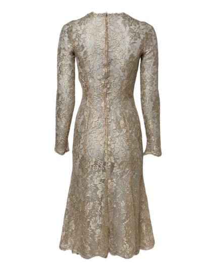 Dolce & Gabbana Gold Floral Lace Long Sleeves Fit & Flare Dress