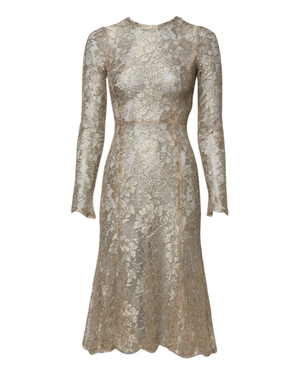 Dolce & Gabbana Gold Floral Lace Long Sleeves Fit & Flare Dress