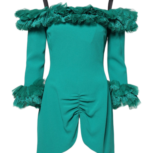Dolce & Gabbana Green Lace Off Shoulder Sheath Mini Dress