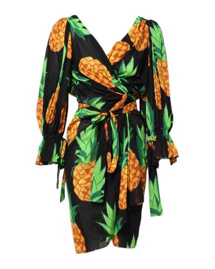 Dolce & Gabbana Black Pineapple Print Silk Wrap Mini Dress