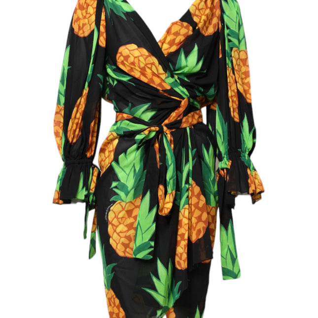 Dolce & Gabbana Black Pineapple Print Silk Wrap Mini Dress