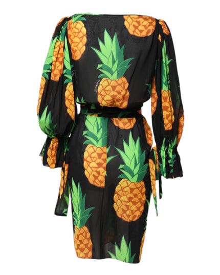 Dolce & Gabbana Black Pineapple Print Silk Wrap Mini Dress