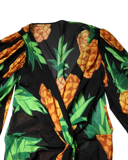 Dolce & Gabbana Black Pineapple Print Silk Wrap Mini Dress