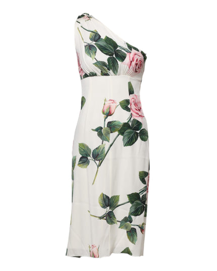 Dolce & Gabbana White Floral One Shoulder Sheath Midi Dress
