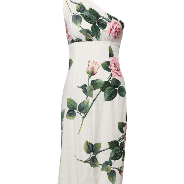 Dolce & Gabbana White Floral One Shoulder Sheath Midi Dress