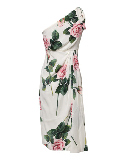 Dolce & Gabbana White Floral One Shoulder Sheath Midi Dress